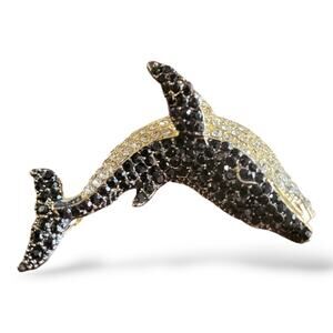 Gold Tone Black and White Round Crystal Killer Whale Brooch and Pendant